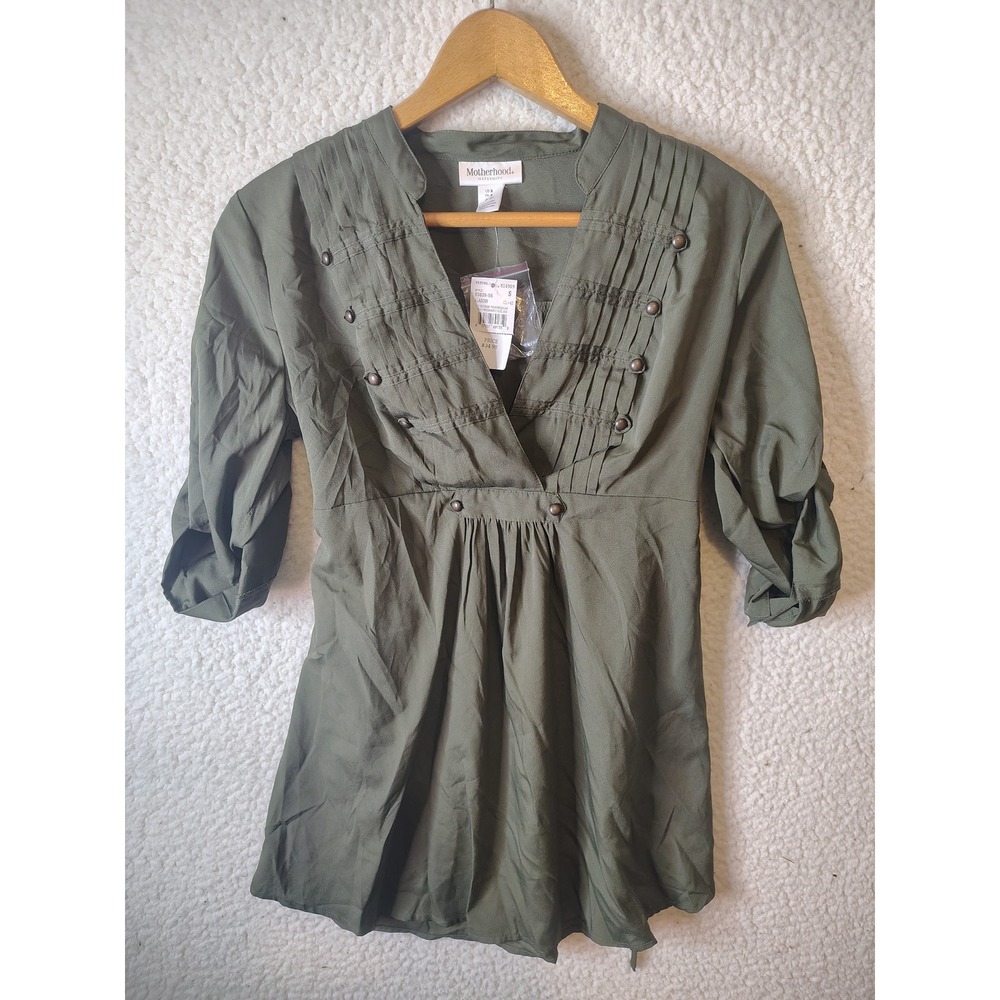 Motherhood Maternity Olive Green Pintuck Roll Tab Sleeve Blouse Small NWT